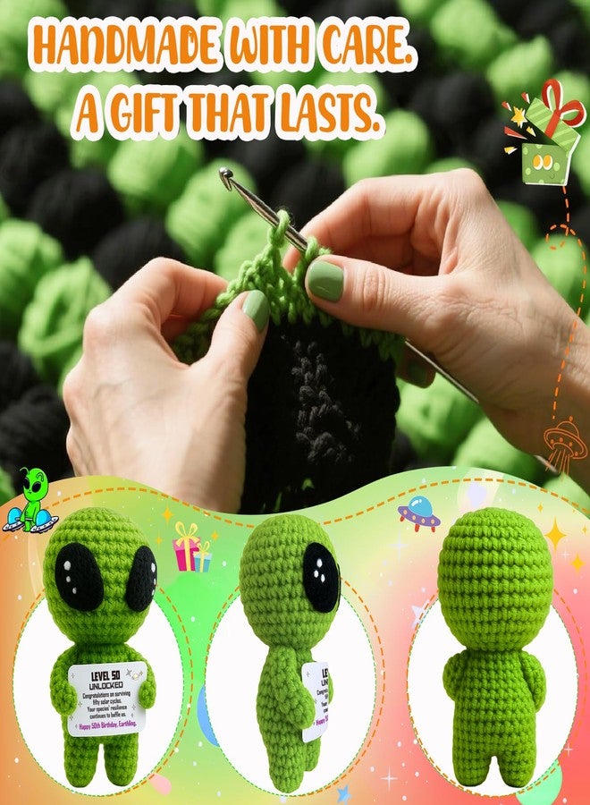 MAMAGIFTREE Happy 50th Birthday Milestone Keepsake - Handmade Crochet Alien Plush Doll with Funny Space-Themed Message - Unique 50 Years Old Gift for Him Her Friend or Family - Image 4